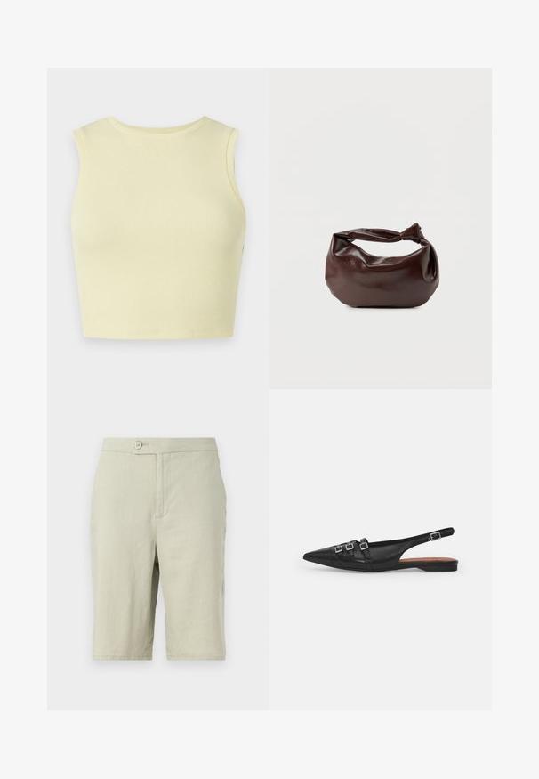 Hele kollane ribattud crop top ringkaelusega, ilma varrukateta ja figuuri rõhutava disainiga. Sile tekstuur ja hingav kudum.; Heledad hallid lühikesed püksid, mis on valmistatud pehmest kangast. Omavad nööbiga sulgemist, küljetaskuid ja sirge jala disaini.; Must must nahk slingback tasase jala king, terav nina, millel on kaks horisontaalset rihma ja ruudukujulised hõbedased sanga, madal konts ja sile tekstuur.; Tumepruunast nahast õlakott, pehme ja lõdva vormiga, keeratud sõlme tüüpi sangaga, valgel ühevärvilisel taustal.