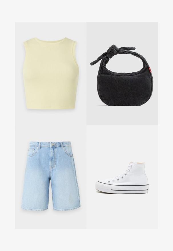 Helles gelbes geripptes Crop-Top mit rundem Halsausschnitt, ohne Ärmel und einer enganliegenden Passform. Weiche Textur aus einem atmungsaktiven Strickstoff.; Hellblaue Denim-Shorts mit geradem Bein, fünf Taschen und Oberknopfverschluss. Ausgewaschene Optik mit sichtbaren Nähdetails.; Weiße High-Top-Sneaker aus einem Material aus Segeltuch, mit schwarzer Gummisohle und kontrastierendem schwarzen Streifen auf der Zwischensohle. Runde Zehenkappe und Schnürdesign.; Kleine schwarze Jeans-Umhängetasche mit geknotetem Riemen und Reißverschluss, mit einem roten Levi's Stoffetikett an der Seite.