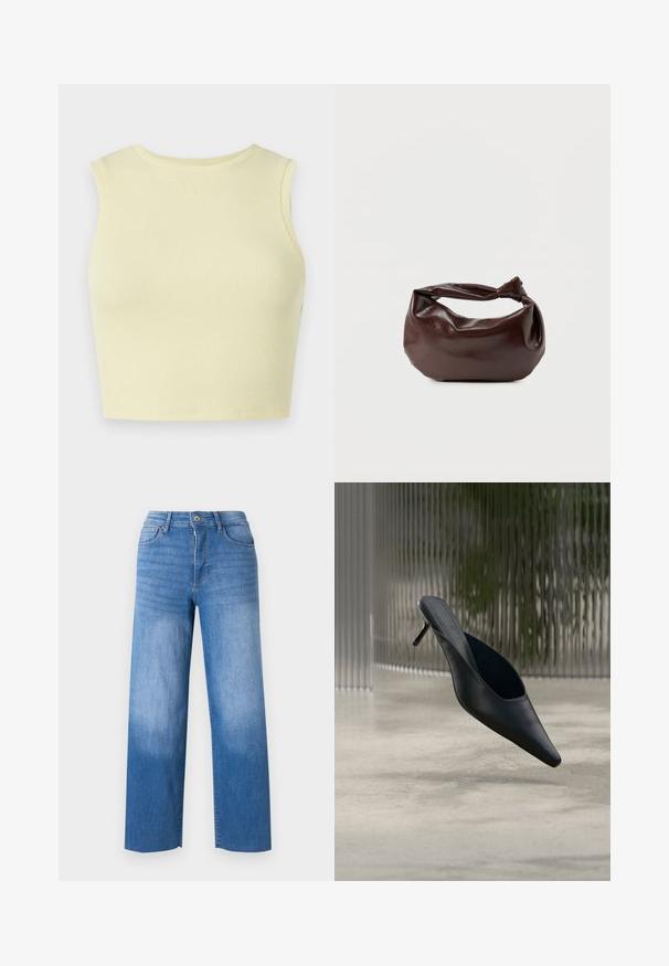 Svetložltý rebrovaný crop top s okrúhlym výstrihom, bez rukávov a priliehavým strihom. Hladká textura s priedušnou pleteninou.; Svetlo modré denimové nohavice s širokým strihom, obsahujúce pät klopové vrecká, zips a jemné vyblednutie na stehnách. Upravené okraje.; Čierne dámske mule s ostrou špičkou a tenkým vysokým podpätkom, ktoré plávajú nad hladkou betónovou podlahou, s rozmazaným vertikálnym pruhovaným pozadím.; Tmavohnedá kožená kabelka cez rameno s mäkkým, voľným tvarom a držadlom v podobe skrúteného uzla na jednoduchom bielom pozadí.