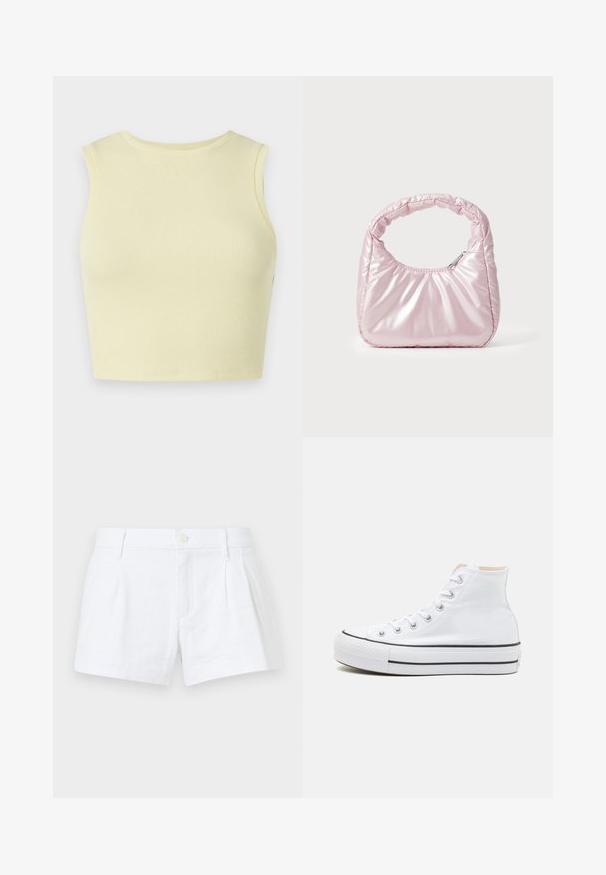 Lichtgele geribde crop top met een ronde halslijn, zonder mouwen en een aansluitend ontwerp. Zachte textuur met een ademende gebreide stof.; Witte linnen shorts met plooien, een knoopsluiting en zijzakken. Heeft een tailormade snit en een gladde textuur.; Witte hoge sneakers van canvasmateriaal, zwarte rubberen zool en contrasterende zwarte streep op de tussenzool. Circulaire neus en vetersluiting.; Roze, gevoerde handtas met een afgeronde vorm, gemaakt van glanzend materiaal. Beschikt over een geplooide handgreep en een ritssluiting voor veilige toegang.