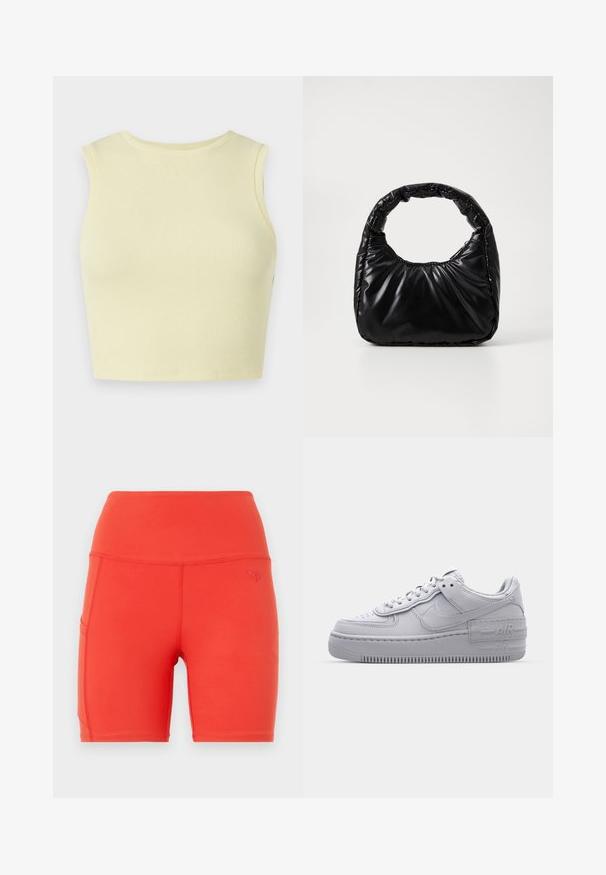 Crop top côtelé jaune clair avec un col rond, sans manches, et une coupe ajustée. Texture lisse avec un tissu en maille respirant.; Shorts de sport rouges avec une taille haute, fabriqués à partir d'un matériau lisse et extensible. Comprend une poche latérale et un petit logo en relief.; Basket en cuir lisse gris Nike Air Force 1 avec un bout perforé, une semelle épaisse et un détail 'AIR' en relief sur le talon.; Sac à main noir rembourré avec une poignée arrondie, présentant une surface lisse et brillante ainsi qu'une texture douce et matelassée. Pas de quincaillerie ou d'accents visibles.