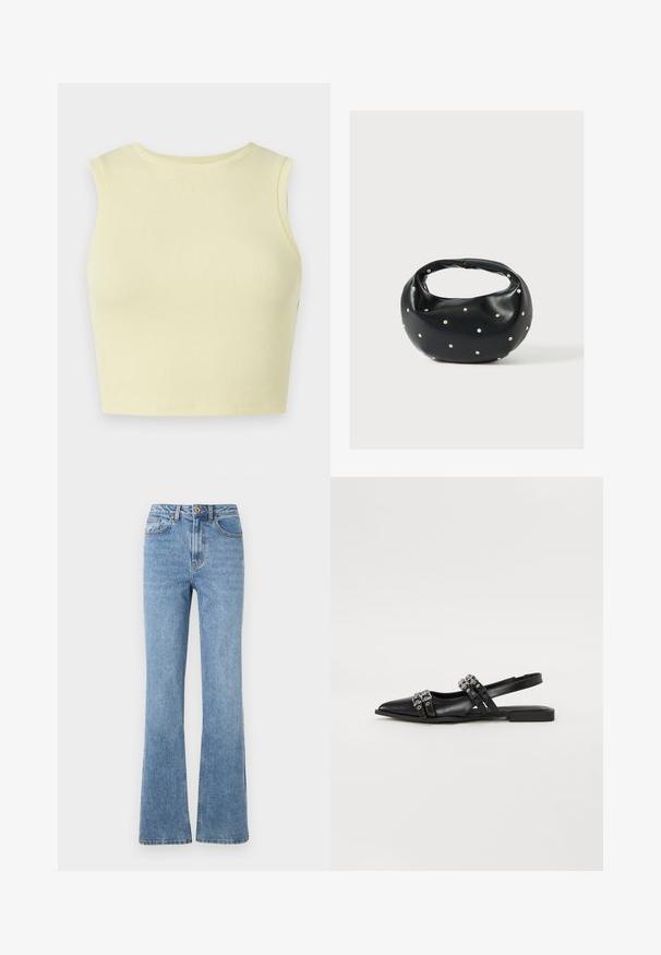Svetložltý rebrovaný crop top s okrúhlym výstrihom, bez rukávov a priliehavým strihom. Hladká textura s priedušnou pleteninou.; Svetlomodré džíny s rozšírenými nohavicami, vysokým pásom a minimálnym kovovým detailom. Obsahujú klasický dizajn s piatimi vreckami a jemné švy.; Even&Odd by Zalando Balerínky na šnúrky - black; Čierna kožená kabelka s zaobleným tvarom, zdobená striebornými cvočkami a krátkym rúčkou. Hladká textúra a zapínanie na zips.