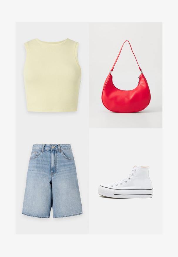 Lysegul ribbet crop top med rund halsudskæring, uden ærmer og med et tætsiddende design. Glat tekstur med et åndbart strikket stof.; Sandyblå denimshorts med høj talje, vide ben og forlommer. Har en øverste knap og lynlåslukning. Slidt look.; Hvide høj-top sneakers lavet af kanvasmateriale, sort gummisål og kontrasterende sort stribe på mellemsålen. Rund tåhætte og snørebåndsdesign.; Rød syntetisk læder skuldertaske med en buet form, slank rem og lynlås lukning. Glat tekstur med synlige syninger.