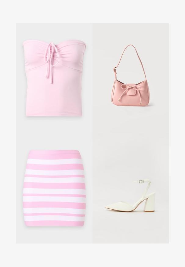 Hollister Co. TIE FRONT TUBE - Μπλούζα - light pink; Μίνι φούστα με οριζόντιες ριγέ ροζ και λευκές, με εφαρμοστή, ευθεία φιγούρα και ομαλή υφή υφάσματος.; Λευκή γόβα με ψηλό τακούνι και μυτερή μύτη, ρυθμιζόμενη λουρί στον αστράγαλο και χοντρό τετράγωνο τακούνι. Λείος υφής με ελάχιστες ραφές.; Μικρό παστέλ ροζ τσάντα ώμου με ρυθμιζόμενο λουράκι και διακοσμητικό φιόγκο στο μπροστινό μέρος με χρυσά άκρα, σε απλό φόντο.