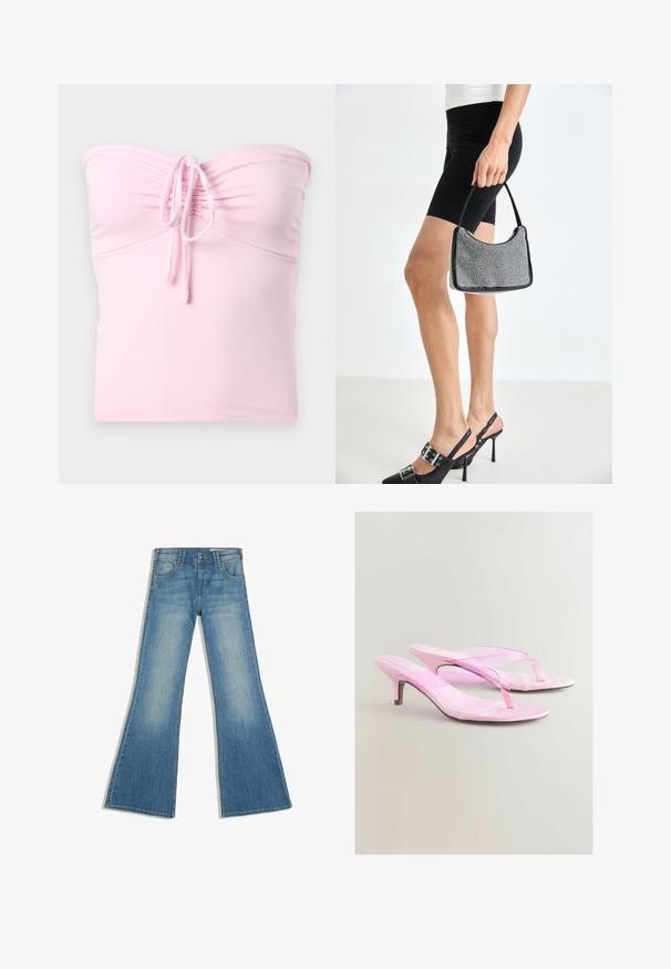 Hollister Co. TIE FRONT TUBE - Débardeur - light pink; Jean en denim bleu avec une jambe évasée, des poches avant et une fermeture à boutons, présenté sur fond blanc.; Sandales à talons roses avec une finition brillante, dotées d'un design à lanière et d'un talon métallique fin. Texture lisse et style minimaliste.; Sac à main à perles noires avec une silhouette courbée, une poignée de transport et une texture brillante. Porté avec des chaussures à talons hauts noires et un short noir ajusté.