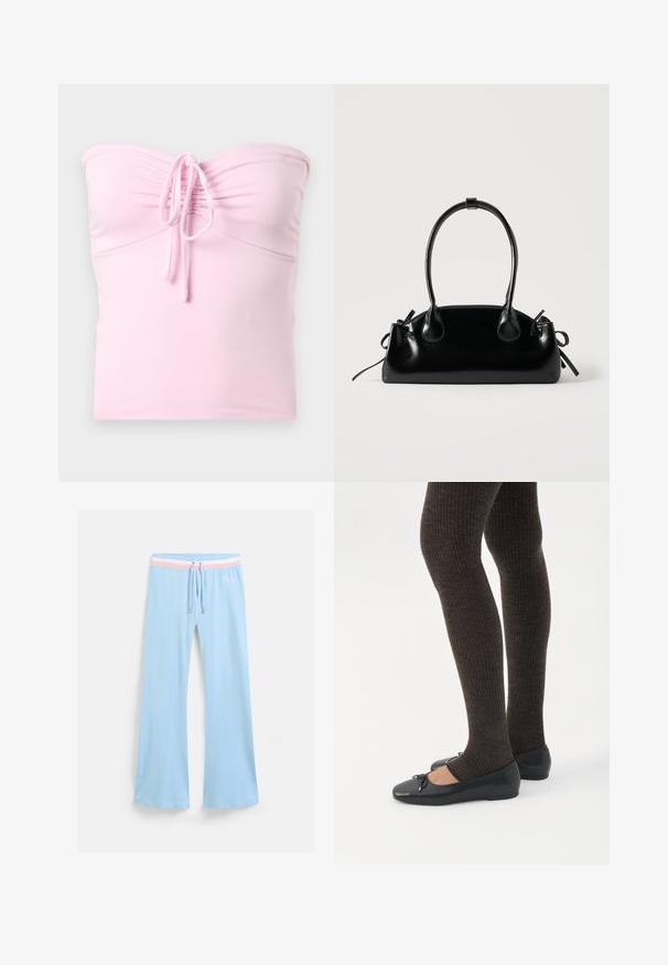 Hollister Co. TIE FRONT TUBE - Topp - light pink; Heledad helesinine sportpüksid, millel on nööridega vöökoht. Omab roosa ja valge triibuga aktsenti ning broderiitlogot. Pehme kanga tekstuur.; Jalad seljas tumedad soonelises soonelises kombines mustade baleriinadega, millel on väikesed paelade detailid valgel taustal.; Väike must läikiv käekott kahe pika sangaga ja külgedel paelakinnitustega, ühel lihtsal helel taustal.