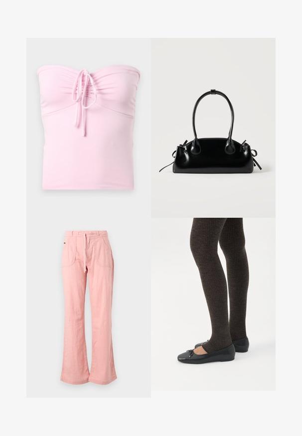 Hollister Co. TIE FRONT TUBE - Top - light pink; Svetloružové široké nohavice vyrobené z príjemného materiálu, s nastaviteľným pásom, dvoma prednými vreckami a textúrovaným povrchom.; Nohy v tmavých pásikavých legínach v kombinácii s čiernymi balerínkami s malými mašličkami na bielom pozadí.; Malá čierna lesklá kabelka s dvoma dlhými rúčkami a bočnými šnúrkovými detailmi na jednoduchom svetlom pozadí.