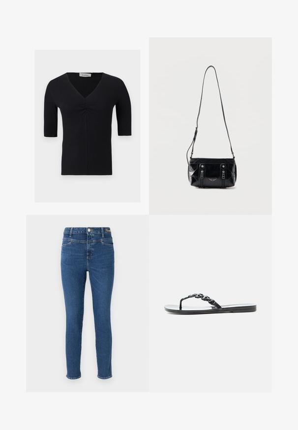 Sort kortærmet top med V-hals og rynkeeffekt i midten foran, lavet af ribstrikket stof, vist på ensfarvet baggrund.; Slank jeans i mørkeblå denim med fem lommer, knaplukning og kontrastsyninger. Glat tekstur med minimal falmning.; Sort flad flip-flop sandal med en blank kæde-rem og en tynd sål på en enkel hvid baggrund.; Sort skuldertaske i læder med justerbar rem, to lodrette lynlåse foran og et lille metalvinge-emblem under lynlåsene.