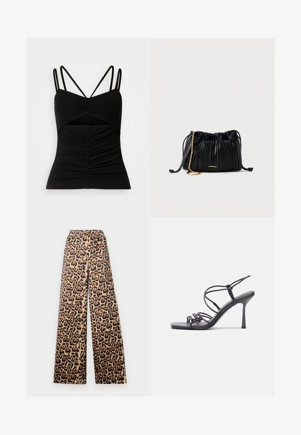 Sort ærmeløs top med justerbare tynde stropper, der har et rynket design foran og en udskæring i midten.; Bredde bukser med leopardprint i beige og sort, med elastisk talje og en glat overflade.; Sorte højhælede sandaler med tynde stropper og en knyttet design, en glat firkantet tå og en slank stiletto hæl.; Sort læderhåndtaske med plisseringer, snorelukning, guldkæde som rem og lille horisontalt guldakcent foran.