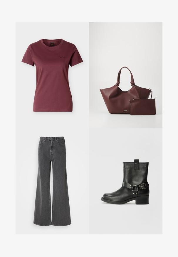Kortærmet, bordeaux T-shirt til kvinder med rund hals og lille broderet "BOSS"-logo på venstre bryst.; Bredde ben jeans i falmet sort denim, med høj talje, to frontlommer og metalknaplukninger. Glat tekstur, minimal design.; Samsøe Samsøe SABRENTA - Cowboy- / bikerstøvlette - black; Bordeaux læder tote bag med buet form, dobbelt top håndtag og en aftagelig matchende lynlås taske. Har præget logo på forsiden.
