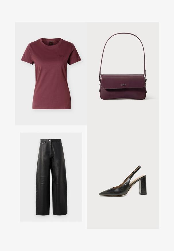 T-shirt à manches courtes pour femme, couleur bordeaux, col rond et petit logo brodé "BOSS" sur le côté gauche de la poitrine.; Pantalons larges en cuir noir avec taille haute, poches avant et détails de couture subtils. La texture lisse met en valeur le design.; Chaussure slingback en cuir noir à bout pointu avec un talon bloc haut et une doublure intérieure beige sur un fond clair uni.; Sac à main en cuir bordeaux au design structuré, avec une fermeture à rabat et une bandoulière ajustable. Détail du logo embossé sur le devant.