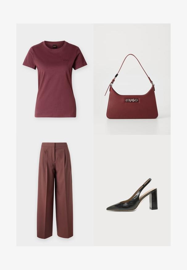 Dames T-shirt met korte mouwen in bordeauxrood, ronde hals en klein geborduurd "BOSS"-logo op de linkerborst.; Bruine wijde broek met hoge taille, voorzien van plooien aan de voorkant, een tailoring ontwerp en een gladde stofstructuur.; Zwarte leren slingback schoen met puntige neus, blokhak en klein logo aan de zijkant, op een effen witte achtergrond.; Kleine rechthoekige bordeauxrode leren handtas met een verstelbare schouderband en een zilveren "HUGO" logo plaatje aan de voorkant.