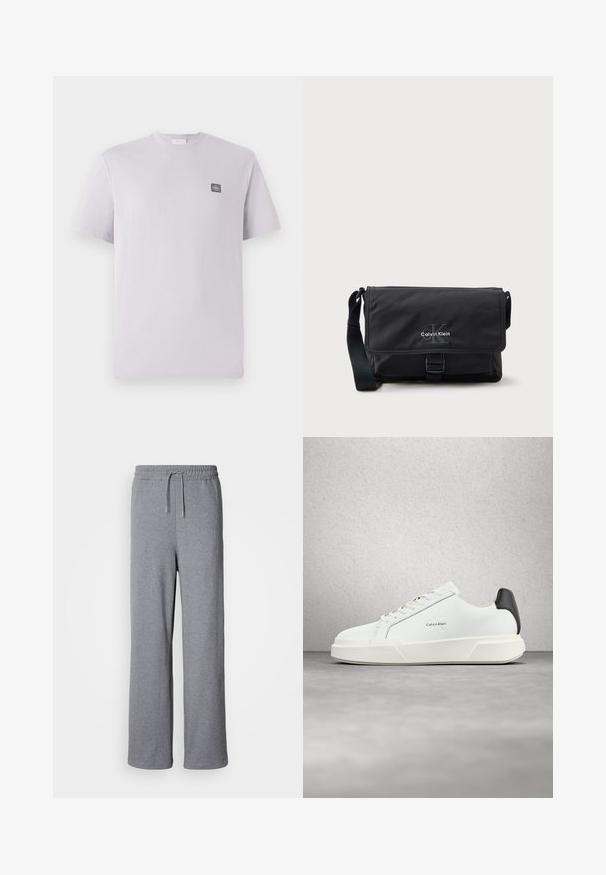 Lys lavendelfarvet kortærmet t-shirt lavet af bomuld med rund hals og et lille mørkt logo-patch på venstre bryst. Glat tekstur.; Grå, brede sweatpants lavet af blødt materiale; har en elastisk talje med snøre og ingen lommer. Enkelt, udekoreret design.; Hvide sneakers med en glat læderoverdel, flade snørebånd og en forhøjet hvid sål. Har en sort detalje ved hælen og et præget logo.; Sort messenger-taske lavet af holdbart stof med klaplukning, frontspænde og Calvin Klein-logo i sølv. Justerbar rem inkluderet.