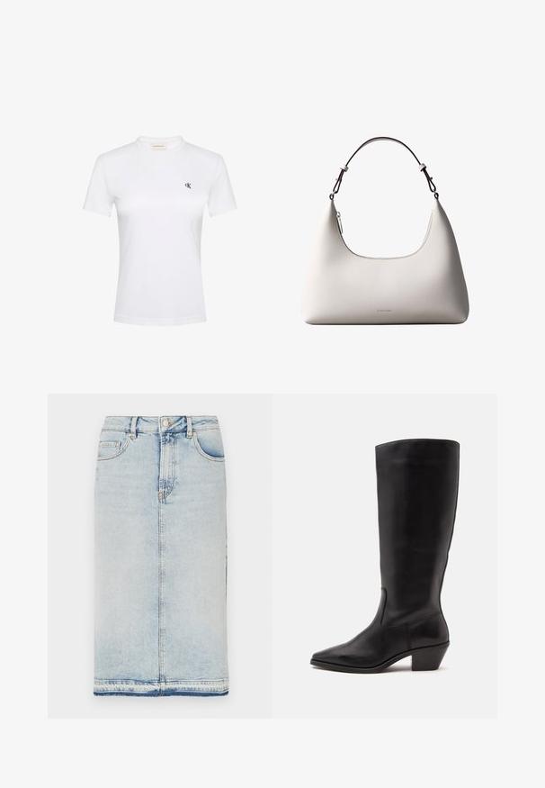 Weißes T-Shirt mit kurzen Ärmeln aus weichem Stoff und rundem Ausschnitt. Auf der linken Brust befindet sich ein kleines schwarzes "ck"-Logo. Klassische Passform.; Hellblauer Denim-Midirock mit fünf Taschen, geradem Schnitt und einem raw-edge Saum. Klassischer Metallknopf und Reißverschluss.; Schwarzer Lederstiefel bis zur Wade mit spitzer Spitze und niedrigem schrägem Absatz vor einfachem hellem Hintergrund.; Cremefarbene Calvin Klein Lederschultertasche mit gebogener Oberkante, silbernem Reißverschluss und dunkelbraunem verstellbarem Riemen.