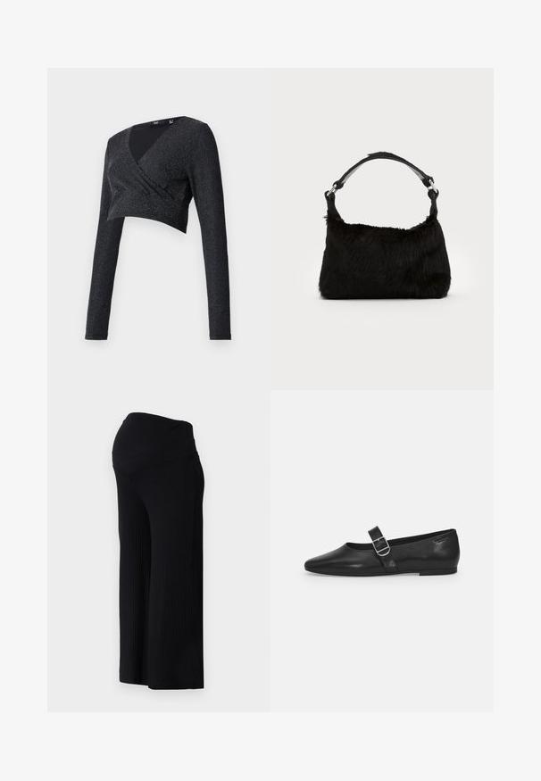 Top corto negro con mangas largas, diseño envolvente en escote en V, fabricado con un material texturizado con destellos plateados que crean un efecto brillante.; Pantalones anchos de canalé negros con una cintura alta. La tela es suave y elástica, creando un ajuste relajado a lo largo de las piernas.; Zapato plano de cuero negro con punta redondeada, una sola correa ajustable con hebilla y una textura suave y brillante. Diseño minimalista con un tacón bajo.; Bolso de mano de piel sintética negra con una textura suave, forma redondeada y una resistente correa de cuero negro para el hombro. Acentos de herrajes plateados visibles.