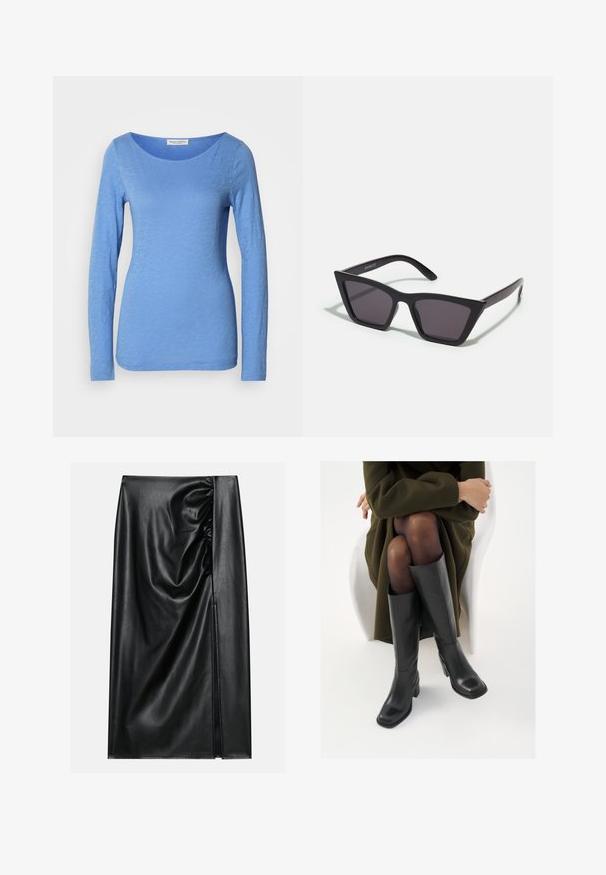 Haut à manches longues, col ras du cou en bleu clair, confectionné en tissu doux et texturé. Présente un subtil motif chiné avec une silhouette ajustée.; Jupe en cuir noir avec une texture lisse, présentant une section froncée sur un côté et une fente sur le côté pour un détail supplémentaire.; Bottes en cuir noires arrivant au genou, avec un bout carré et un talon carré, présentées sur un modèle assis dans un manteau vert olive. Texture lisse, détails minimaux.; Lunettes noires angulaires avec des verres gris ; fabriquées en plastique, avec des branches épaisses à la surface lisse et sans matériel visible.