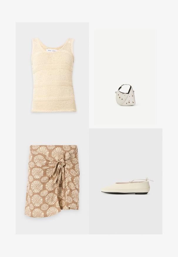 Débardeur tricoté sans manches de couleur crème avec un motif à rayures horizontales texturé et un col rond.; Jupe enveloppante à motifs marron avec de grandes fleurs crème, nouée à la taille, fabriquée en tissu léger.; Des chaussures plates de couleur crème avec un bout arrondi, une sangle à la cheville et une semelle en caoutchouc noir contrastante. Matériau lisse avec un detailing minimal.; Petit sac à main blanc avec des taches marron, forme triangulaire arrondie, doublure intérieure noire et bandoulière courte réglable avec boucle argentée.