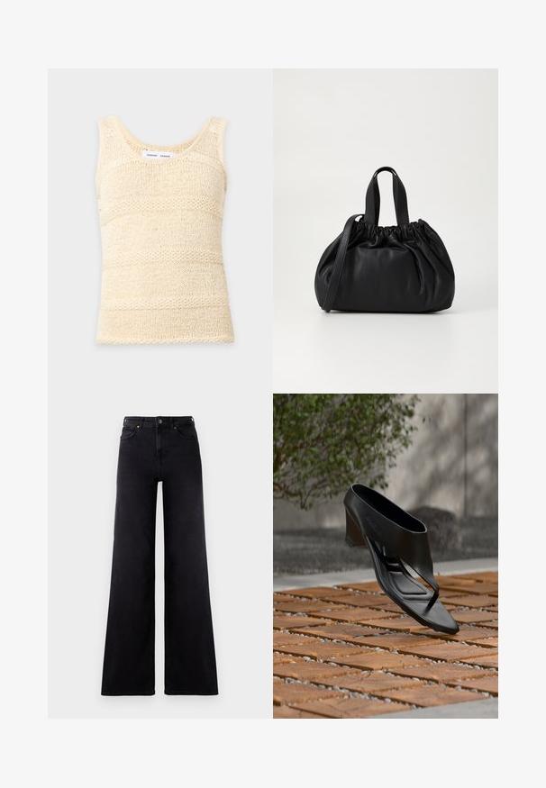 Kremfarvet ærmeløs strikket tanktop med tekstureret horisontalt stribet mønster og rund halsudskæring.; Højtaljede sorte wide-leg jeans med frontlommer, bælteløkker og knappelukning.; Sort højhælet sandal med thongsrem, svævende over et mønstret træ- og grusbelagt udendørsareal med sløret grønt område og væg i baggrunden.; Sort læderhåndtaske med en samlet topdesign, der har to korte håndtag og en lang justerbar rem. Glat overflade, rund form.