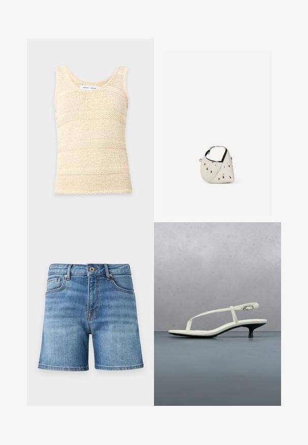 Kremfarvet ærmeløs strikket tanktop med tekstureret horisontalt stribet mønster og rund halsudskæring.; Lysblå denimshorts med klassisk femlomme-design, let slidte detaljer, lige pasform og syet kant.; Hvid sandal med stropper og kitten-hæl med spids tå, svævende over et trægulv udendørs med en sløret plante og væg i baggrunden.; Lille hvid håndtaske med brune pletter, afrundet trekantet form, sort indvendig foring og kort justerbar rem med sølvspænde.