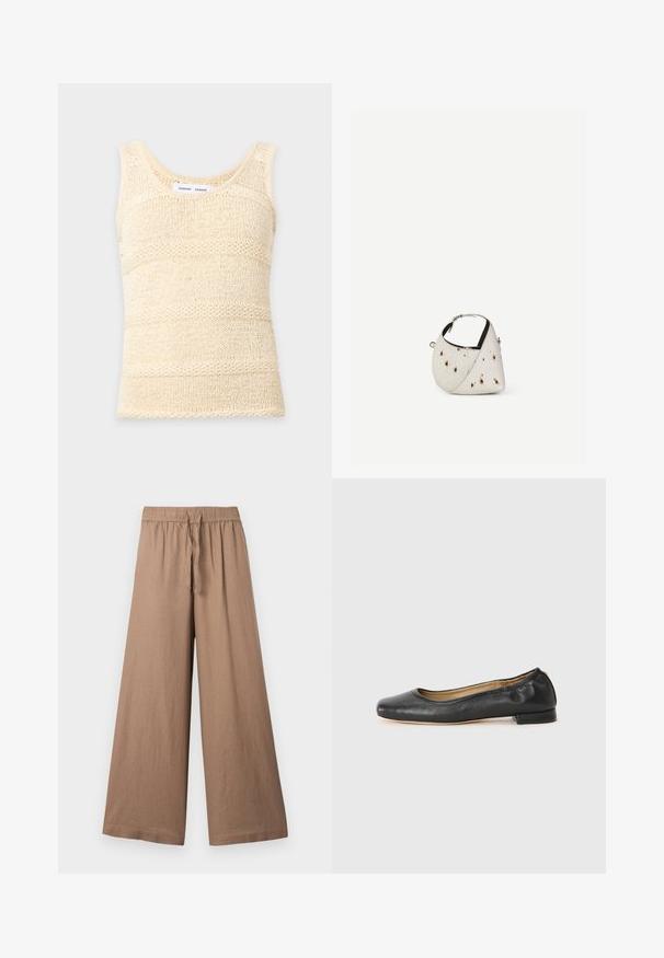 Débardeur tricoté sans manches de couleur crème avec un motif à rayures horizontales texturé et un col rond.; Pantalons larges en tissu brun clair, dotés d'une taille élastique avec un cordon de serrage et d'une finition lisse et texturée.; Ballerines en cuir noir avec un bout arrondi et des coutures minimales. Talon bas et rectangulaire avec une texture lisse. Détails subtils de doublure intérieure.; Petit sac à main blanc avec des taches marron, forme triangulaire arrondie, doublure intérieure noire et bandoulière courte réglable avec boucle argentée.