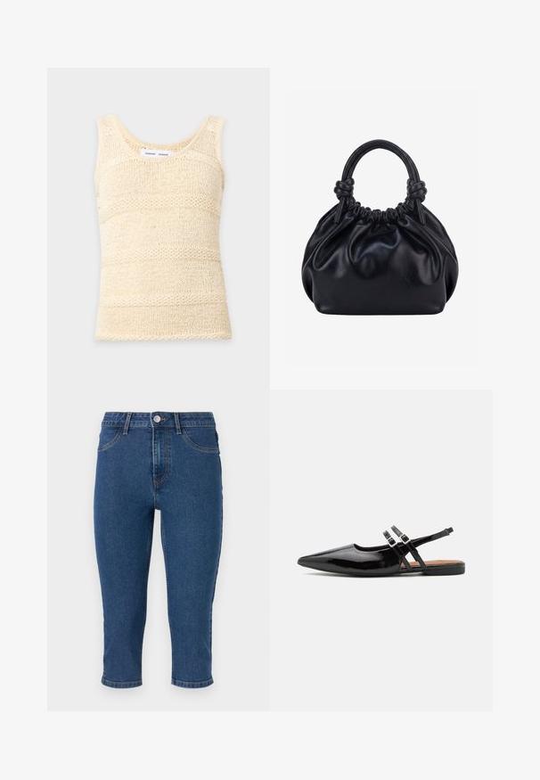 Gebreide, mouwloze tanktop in crèmekleur met een gestructureerd horizontaal streeppatroon en een ronde halslijn.; Donkerblauwe denim capri-broeken met een hoge taille, vijf zakken en contrasterende stiksels. Bevat een enkele metalen knoop en een lichte tapering aan de zoom.; Zwarte gepatineerde leren slingback schoenen hebben een spitse neus, twee banden met gespsieraden en een platte zool.; Zwarte zachte leren handtas met geplooide bovenkant en twee dikke handvatten die in knopen zijn gestrikt tegen een effen lichte achtergrond.