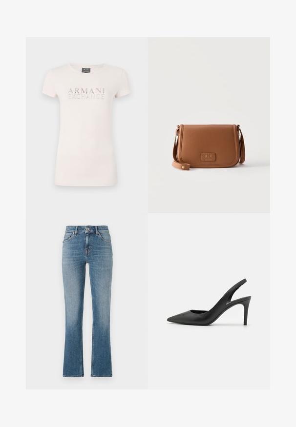Camiseta de manga corta rosa claro con un logo elevado "ARMANI EXCHANGE" en acentos metálicos. Tejido suave, cuello redondo clásico, forma ajustada.; Vaqueros acampanados de denim azul claro con una cintura de media altura, diseño de cinco bolsillos y costuras en contraste. Textura suave con un ligero desvanecimiento.; Zapatos de tacón alto de cuero negro con diseño de punta afilada, que presentan un corte en la parte delantera y un delgado tacón de aguja.; Bolso de hombro de cuero marrón con correa ajustable y parche con el logotipo de A|X Armani Exchange en la solapa frontal, sobre fondo blanco.