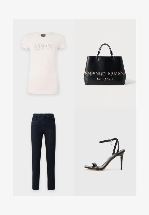 Camiseta de manga corta rosa claro con un logo elevado "ARMANI EXCHANGE" en acentos metálicos. Tejido suave, cuello redondo clásico, forma ajustada.; Jeans de mezclilla azul oscuro con corte recto, que cuentan con un cierre de botón, cinco bolsillos y detalles de costura sutiles.; Sandalia de tacón alto negra con una estrecha correa en el tobillo, punta cuadrada, material de cuero liso y detalle de hebilla metálica.; Bolso tote de cuero negro con forma estructurada, asas dobles y logotipo metálico "EMPORIO ARMANI MILANO", acentuado con tachuelas.