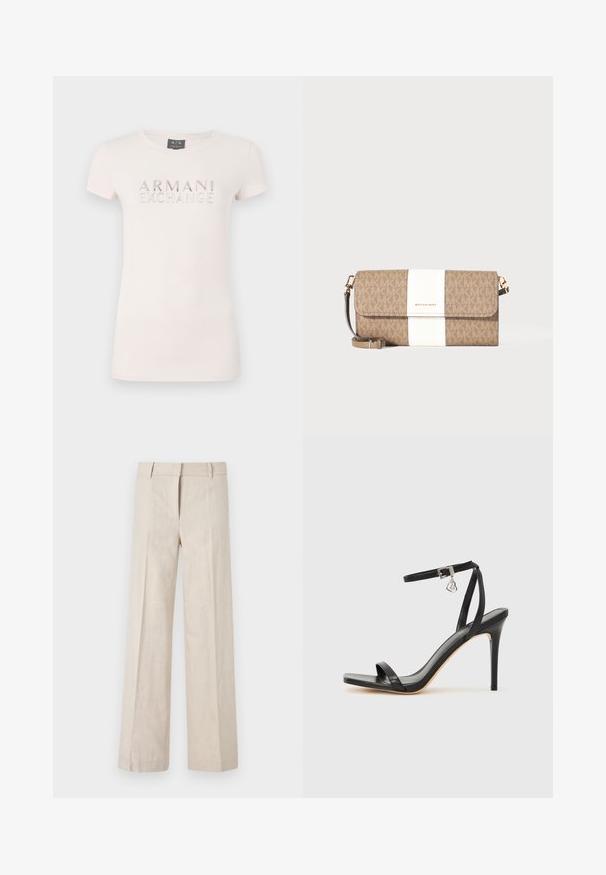 T-shirt rose clair à manches courtes avec un logo en relief "ARMANI EXCHANGE" en accents métalliques. Tissu doux, encolure ronde classique, coupe ajustée.; Pantalons larges beige en tissu léger, présentant une texture lisse et des plis avant nets. La taille est cintrée avec des passants de ceinture.; Sandale à talon haut noire avec une bride étroite à la cheville, bout carré, cuir lisse et accent de boucle métallique.; Pochette Michael Kors marron et beige avec une bande verticale blanche, un logo doré et une sangle de poignet amovible sur fond uni.