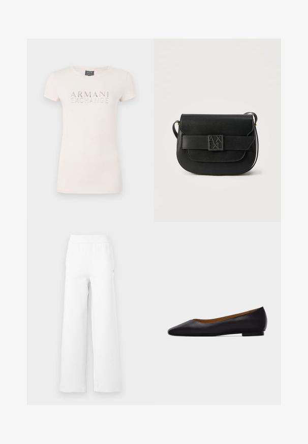 T-shirt rose clair à manches courtes avec un logo en relief "ARMANI EXCHANGE" en accents métalliques. Tissu doux, encolure ronde classique, coupe ajustée.; Pantalons de survêtement larges blancs en mélange de coton doux avec une taille élastique et des coutures épurées et minimales. Sans poches ni motifs.; Chaussure plate en cuir noir à bout pointu avec talon bas et finition lisse, vue de côté sur un fond gris clair.; Sac d'épaule en cuir noir avec fermeture à rabat et logo embossé Armani Exchange sur la boucle avant, design minimaliste.