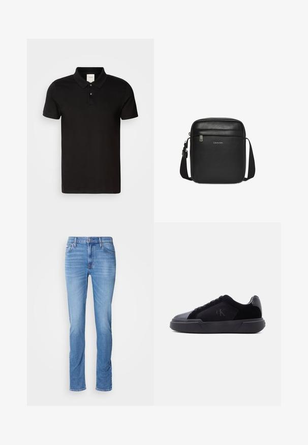 Schwarzes Poloshirt aus glattem Stoff mit klassischem Kragen. Verfügt über zwei Knöpfe am Hals, kurze Ärmel und ein dezentes Logo auf der Brust.; Herrenblaue Denim-Jeans mit geradem Schnitt, Vorder- und Gesäßtaschen und einem kleinen Calvin Klein-Label nahe der vorderen rechten Tasche.; Schwarzer Sneaker in Low-Top-Design mit dicker Sohle, Schnürverschluss vorne und dezente "cK"-Logo auf der Seitenpaneele.; Schwarze Calvin Klein texturierte Leder-Umhängetasche mit verstellbarem Riemen und vorderer Reißverschlusstasche.