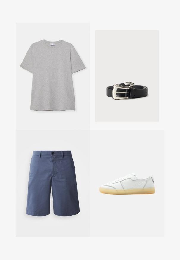 Grå kortærmet T-shirt lavet af blødt, struktureret stof. Har en klassisk rund hals og en lige kant, velegnet til afslappet brug.; Marineblå bomulds shorts med flad front, enkelt knaplukning, to sidelommer og lige ben. Glat tekstur, ingen synlige mønstre.; Hvid lavtop læder sneaker med beige gennemsigtig sål, snørelukning foran og minimal syning, vist fra siden mod en ensfarvet baggrund.; Sort læderbælte med en stor sølv western-stil spænde, sammenrullet på en neutral baggrund.