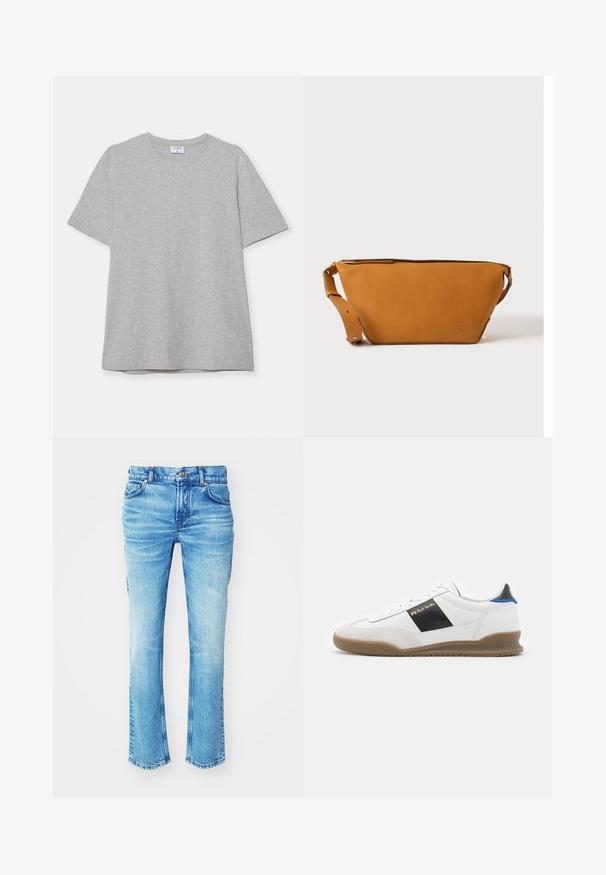 Graues T-Shirt mit kurzen Ärmeln aus weichem, strukturiertem Stoff. Verfügt über einen klassischen Rundhalsausschnitt und einen geraden Saum, geeignet für legere Trageanlässe.; Blaue Jeans aus Denim mit einem ausgewaschenen Look, geradem Bein und rohem Saum. Verfügt über einen Fünf-Taschen-Stil und Metallknopf-Details.; Weißer Sneaker mit schwarzen und blauen Akzenten, Obermaterial aus Wildleder und Leder, runde Zehenform, flache Gummisohle und goldfarbene Marken-Details an der Seite.; Hellbraune Leder-Umhängetasche mit verstellbarem Schulterriemen und Reißverschluss, vor einem schlichten hellen Hintergrund gezeigt.