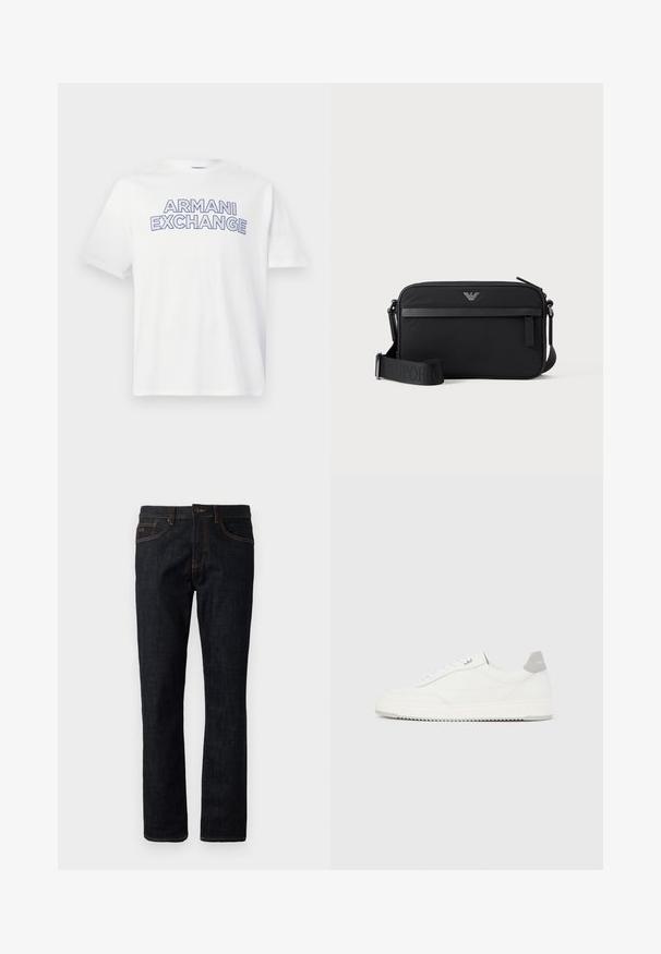 Witte korte mouwen t-shirt met "ARMANI EXCHANGE" in dikke blauwe omrande letters op de borst.; Donkerblauwe slim-fit jeans met oranje stiksels, knoopsluiting en vijf-pocketdesign, plat weergegeven tegen een witte achtergrond.; Witte lage sneaker met grijze hielpatch, witte veters en een gestructureerde zool, gepresenteerd op een effen lichte achtergrond.; Zwarte rechthoekige crossbodytas met voorvak met rits, verstelbare schouderriem en klein metalen logo bovenaan in het midden.