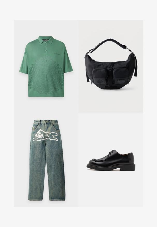 Les Benjamins Poloshirts - army green; Lyseblå denimjeans med en løs pasform, der har et stort hvidt kattegrafik på venstre ben og et traditionelt femlomme-design.; Sort lædersko med en rund tå, stikninger, minimale snørebånd og en tyk gummisål for greb og holdbarhed.; Sort skuldertaske i halvmåneform med polstret justerbar rem og to lynlåslommer foran med trækflapper.