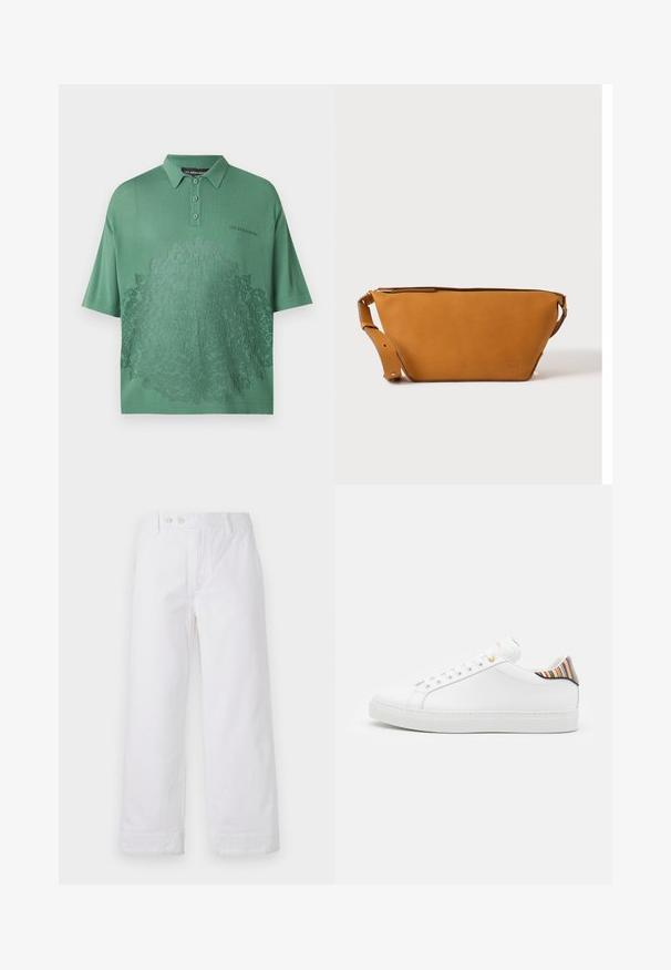 Les Benjamins Poloshirt - army green; Weiße Baumwoll-Hosen mit weitem Bein und hohem Bund, mit einem Knopfverschluss und umgeschlagenen Säumen. Glatte Textur und klassisches Design.; Weiße Ledersneaker mit glatter Oberfläche, ausgestattet mit einem bunten gestreiften Akzent an der Ferse, goldener Öse und flacher weißer Sole.; Hellbraune Leder-Umhängetasche mit verstellbarem Schulterriemen und Reißverschluss, vor einem schlichten hellen Hintergrund gezeigt.