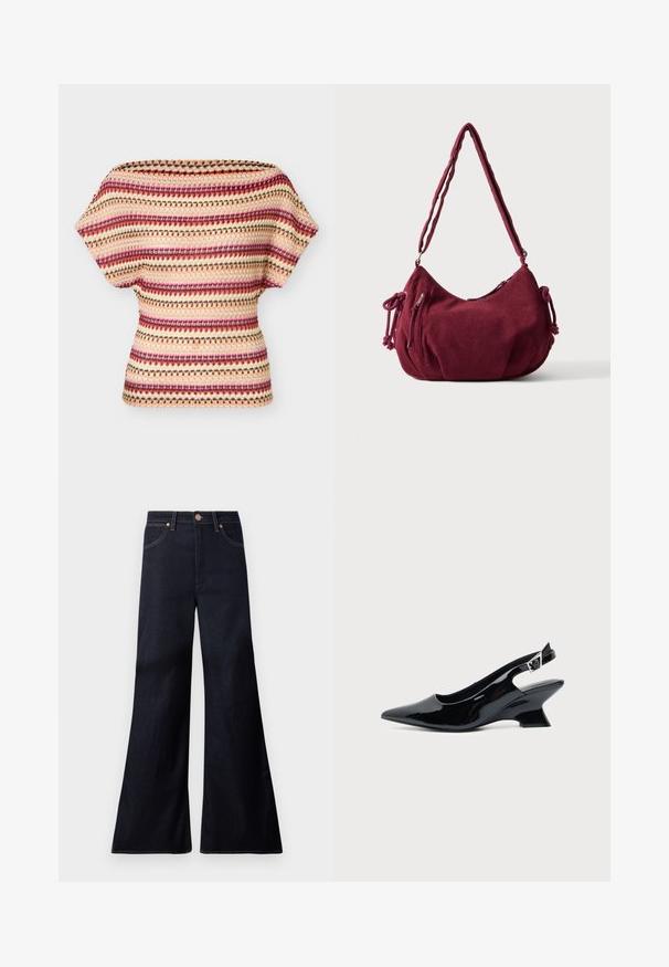 Haut tricoté à manches courtes avec des rayures horizontales rose, crème, marron et orange, présentant un motif en maille ajourée texturé et un large décolleté.; Jean en denim indigo foncé taille haute, coupe large évasée, bouton à l'avant, fermeture éclair et deux poches avant avec rivets en cuivre.; Chaussure slingback en cuir verni noir avec bout pointu et petit talon bloc incliné sur fond clair uni.; Sac d'épaule en velours côtelé bordeaux doux avec une sangle réglable, fermeture éclair, liens latéraux et une poche avant zippée.
