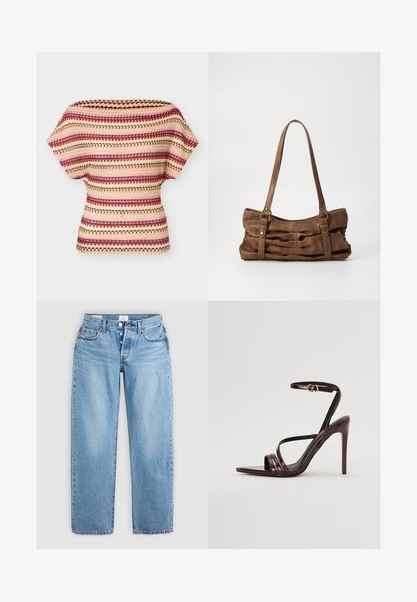 Strik top med korte ærmer med horisontale striber i pink, creme, brun og orange, med et struktureret åbent strikmønster og en bred udskæring.; Lysblå denim jeans med lige snit, fem lommer og knaplukning. Har syet detaljer og en ren kant.; Bordeaux laker læder højhælede sandal med ankelrem, spids tå og tre vandrette remme over foden. Detalje med spænde i guldtonet.; Even&Odd Håndtasker - brown