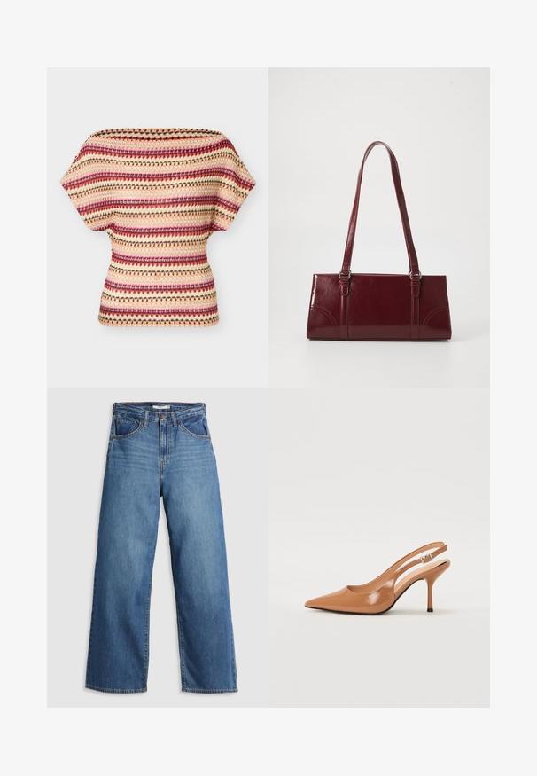 Top met korte mouwen van gebreide stof met horizontale strepen in roze, crème, bruin en oranje, met een gestructureerd opengebreid patroon en een brede halslijn.; Blauwe denim wijdvallende jeans met hoge taille, voorzien van vijf zakken, contrasterende stiksels en een ritssluiting.; Puntige slingback hak in een glad, glanzend beige materiaal. Bevat een gebogen uitsnijdontwerp en een slanke stiletto hak. Zilveren gesp detail.; Bourgondische handtas van glanzend materiaal, rechthoekige vorm, met twee schouderbanden en subtiele gebogen accenten aan de voorkant.