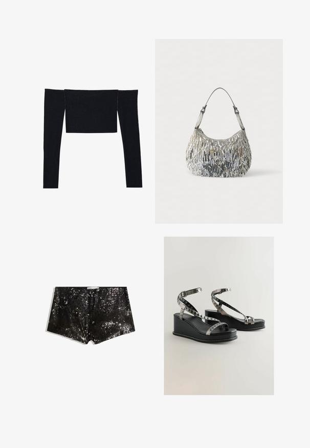 Even&Odd by Zalando Langærmet T-shirt - silver; Sorte pailletshorts med en tætsiddende design. Har glitrende pailletter, glat tekstur og en taljeelastik for en sikker pasform.; Sorte kile-sandaler med metalliske stropper og cirkulære udskæringer. Glat læderoverflade med hvide syninger.; Sølvglitrende håndtaske med en tekstureret overflade og buet form. Har et klart håndtag og lynlås for sikker opbevaring.