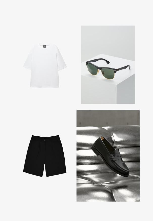 Hvid oversized t-shirt med korte ærmer, rund halsudskæring og blødt bomuldsstof. Har et sort mærke ved halsen. Ingen mønstre eller accenter.; Sorte shorts lavet af stof med en glat tekstur, der har en frontknaplukning, to sidelommer og et plisseret design.; Sort læderloafer svæver over en skinnende sølvfarvet, polstret lædersofa i et minimalistisk miljø.; Ray-Ban solbriller med grønne linser, sorte plastikstel og gyldne detaljer ved kanterne. Firkantet form med mat finish.
