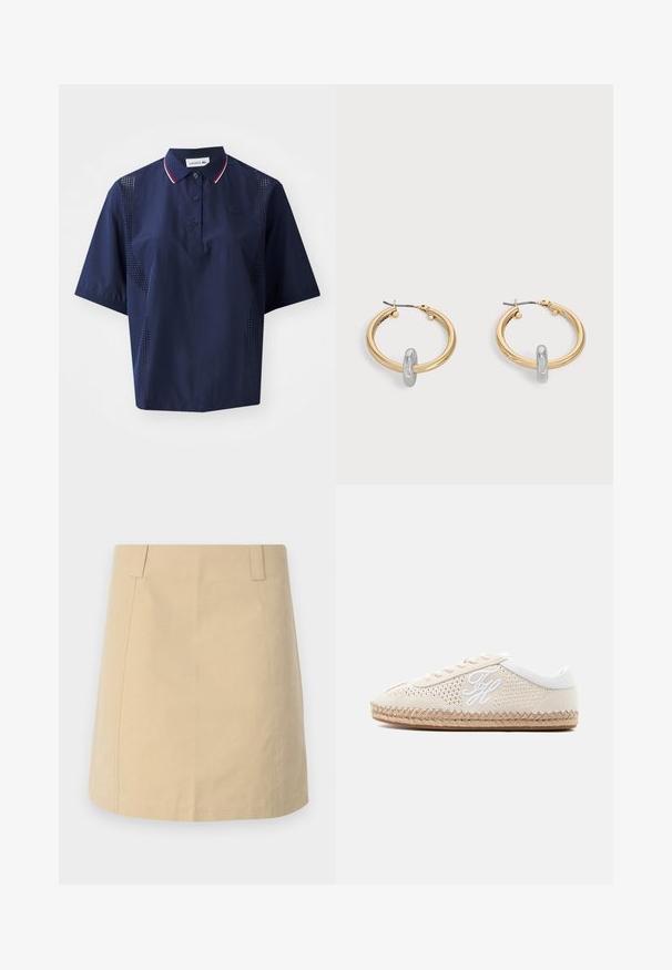 Mørkeblå kortærmet polo shirt med knaplukning, kontrasterende krave med røde og hvide detaljer samt perforerede sider for åndbarhed.; Beige bomuldsnederdel med en lige form, der har frontfald, sidelommer og syede detaljer langs sømmene.; Beige afslappet sneaker med vævet tekstur, hvide snørebånd, hvid broderet "TH" logo på siden og flettet jutesål på hvid baggrund.; Par guldtonede hoop øreringe med lille sølvfarvet loop-detalje på hver, vist mod lysegrå baggrund.