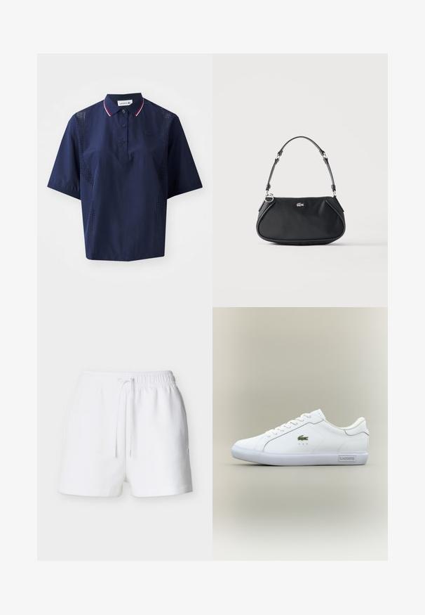 Dunkelblaues kurzärmliges Poloshirt mit Knopfleiste, kontrastierendem Kragen mit roten und weißen Akzenten sowie perforierten Seitenteilen für Atmungsaktivität.; Weiße Shorts mit elastischem Bund und Kordelzug, geradem Saum und kleinem Logo auf der rechten Seite.; Weiße Sneaker im Low-Top-Design mit weißen Schnürsenkeln, grünem Krokodil-Logo an der Seite und "Lacoste"-Label an der Sohle vor neutralem Hintergrund.; Schwarze Schultertasche mit verstellbarem Riemen, Reißverschluss und kleinem silbernem Krokodil-Logo vorne in der Mitte.
