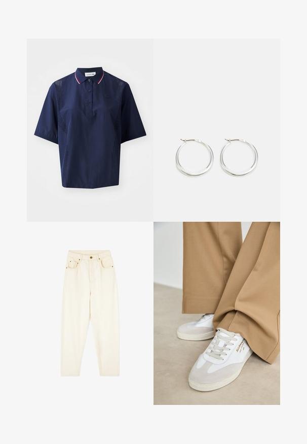 Dunkelblaues kurzärmliges Poloshirt mit Knopfleiste, kontrastierendem Kragen mit roten und weißen Akzenten sowie perforierten Seitenteilen für Atmungsaktivität.; Cremfarbene Jeans mit geraden Beinen, zwei Vordertaschen und goldenen Hardware-Details. Glatte Textur mit klassischem Design.; Weiße Sneakers mit Wildlederakzenten, strukturierten Schnürsenkeln und einer Gummisohle. Kombiniert mit lockeren, sandfarbenen Hosen. Logo an der Seite angebracht.; Silberne Creolen zeichnen sich durch ein glattes, rundes Design mit einem schlanken Profil und einem sicheren Verschluss aus. Minimalistischer Stil mit glänzender Oberfläche.