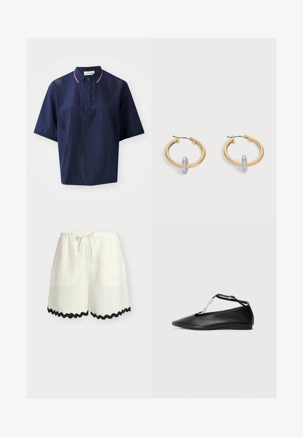 Polo shirt à manches courtes bleu marine avec fermeture à boutons, col contrasté avec des accents rouges et blancs, et panneaux latéraux perforés pour la respirabilité.; Short blanc ample avec taille élastique et cordon, orné d'un bord festonné noir le long de l'ourlet.; Ballerines noires en cuir avec un bout pointu, un design découpé, une bride à la cheville et un accent en chaîne dorée. Texture lisse, talon minimal.; Paire de boucles d'oreilles créoles dorées avec un petit détail boucle ton argent sur chaque, exposées sur fond gris clair.