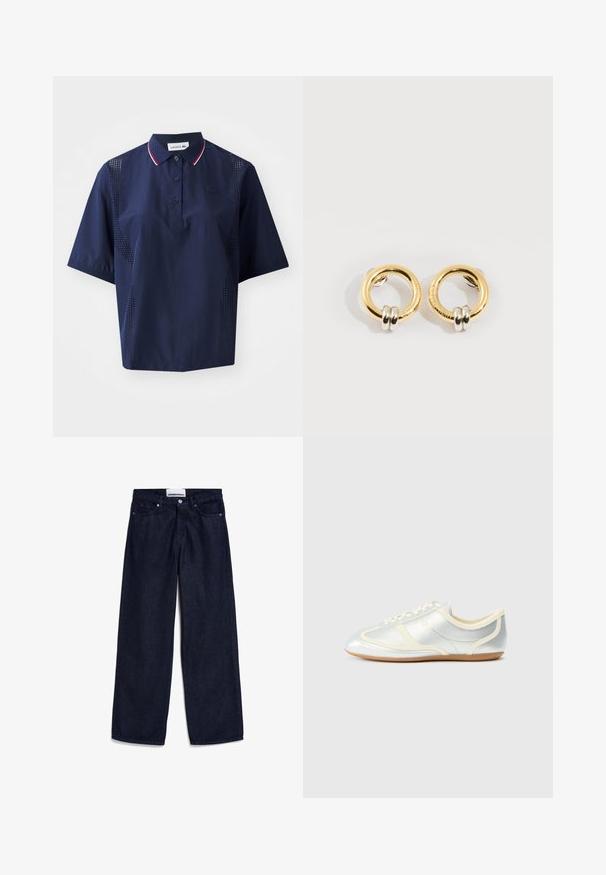 Marineblauwe polo met korte mouwen en knoopsluiting, contrasterende kraag met rode en witte accenten, en geperforeerde zijpanelen voor ademend vermogen.; Donkerblauwe denim wijde broek met een klassieke vijf-pocket stijl, afgewerkt met een metalen knop en rits. Stevige stof en rechte zoom.; Zilverkleurige synthetische sneakers met crème accenten, laag profiel, afgeronde neus en platte rubberen zool; voorzien van klassieke stiksels en vetersluiting.; Gouden ronde oorbellen met aan elke oorbel twee kleine zilveren ringetjes, met subtiele gegraveerde merknamen, geplaatst op een witte achtergrond.