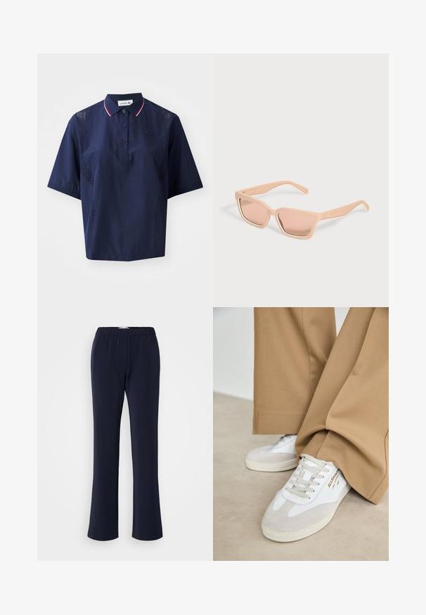 Polo shirt à manches courtes bleu marine avec fermeture à boutons, col contrasté avec des accents rouges et blancs, et panneaux latéraux perforés pour la respirabilité.; Pantalon bleu marine à jambes droites en tissu extensible avec une taille élastique et deux poches avant. Texture lisse, sans motifs visibles.; Baskets blanches avec des accents en daim, des lacets texturés et une semelle en caoutchouc. Associées à un pantalon beige ample. Logo affiché sur le côté.; Lunettes de soleil rectangulaires couleur pêche clair avec montures épaisses et verres teintés assortis sur un fond uni clair.