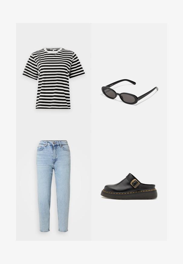 Camiseta de algodón a rayas blancas y negras, con cuello redondo y mangas cortas, con rayas horizontales de diferentes grosores.; Jeans de mezclilla azul claro con cintura alta, diseño de pierna recta, cierre de un solo botón y detalles de desgaste sutil en la parte delantera.; Zueco de cuero negro con una correa ancha y detalle de hebilla de latón. Presenta una suela de goma texturizada con acentos de costura amarilla.; Even&Odd by Zalando Gafas de sol - black