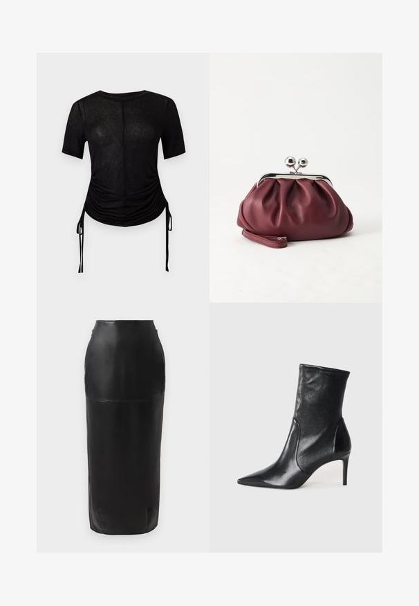 Top noir cintré à manches courtes avec encolure ronde, côtés froncés et liens latéraux réglables, présenté sur un fond clair uni.; Jupe midi en cuir noir avec une silhouette ajustée, texture lisse, taille haute et fermeture éclair discrète sur le côté. Aucun motif ni accent.; Bottes noires à la cheville en cuir lisse, dotées d'un bout pointu, d'un tige ajustée et d'un talon haut fin. Design minimaliste sans quincaillerie visible.; Petit sac pochette en cuir bordeaux avec fermoir métallique argenté et bracelet sur fond blanc.