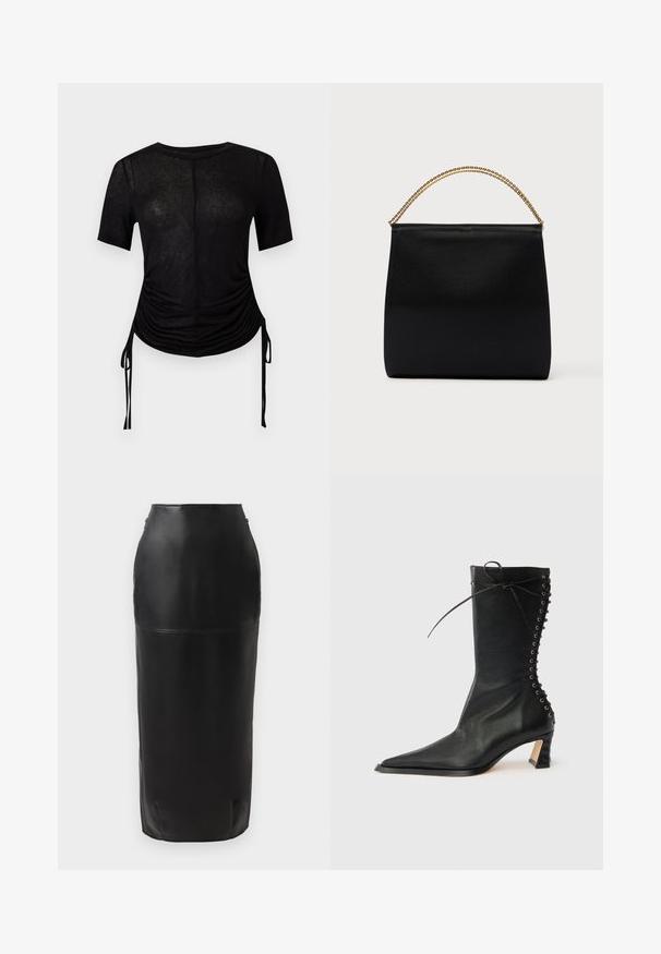 Top noir cintré à manches courtes avec encolure ronde, côtés froncés et liens latéraux réglables, présenté sur un fond clair uni.; Jupe midi en cuir noir avec une silhouette ajustée, texture lisse, taille haute et fermeture éclair discrète sur le côté. Aucun motif ni accent.; Bottine noire en cuir avec bout pointu, talon fin, détail à lacets à l'arrière et œillets métalliques. Texture lisse avec un design élégant.; Sac noir en tissu lisse, présentant une forme structurée, une poignée en chaîne dorée et un design géométrique minimaliste.