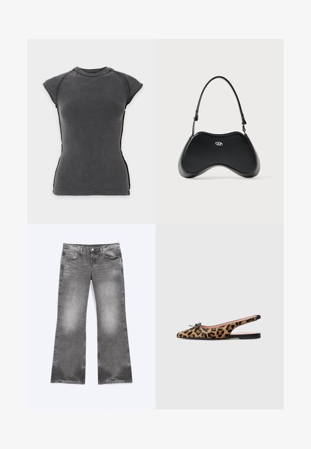 Top ajustado de manga corta de color gris oscuro con textura acanalada, escote redondo y mangas de hombro ligeramente extendidas sobre un fondo claro.; Vaqueros grises descoloridos de pierna ancha con botón y cremallera delanteros, cinco bolsillos y sutil textura desgastada en las piernas y los bajos.; Pretty Ballerinas MURABI - Bailarinas con tira trasera - brown; Bolso de mano de cuero sintético negro con una forma curva única, asa corta y un detalle de logo plateado en el frente. Textura suave, diseño minimalista.